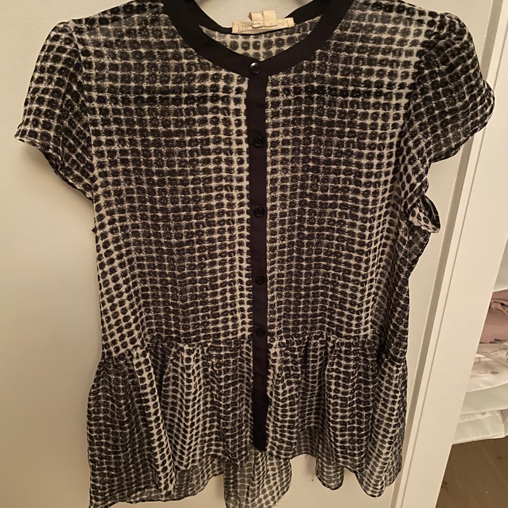 BCBGeneration Black and White Patterned Sheer Peplum Blouse
